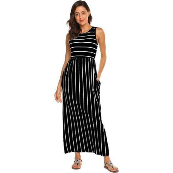 Women's Black Summer Sleeveless Striped Flowy Casual Long Maxi Dress - Picture 3 of 4